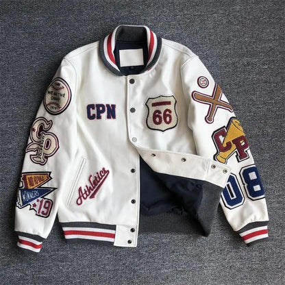 New Arrival Men's Leather Baseball Jacket Autumn & Winter Long Sleeve PU Leather Coat Embroidered Top Jacquard Trendy Sports