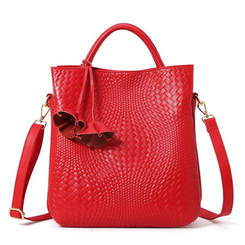 New Woven Texture Genuine Leather Handbag, Large Capacity Elegant Women's Shoulder & Top Handle Bag