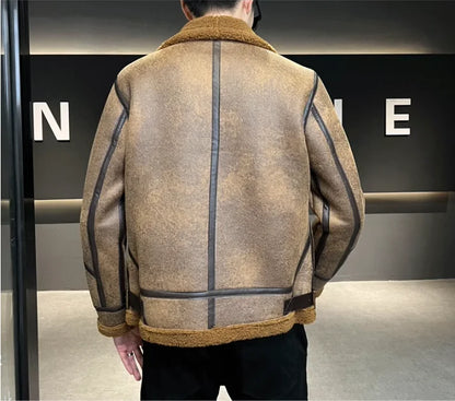 M-4XL Autumn and Winter New Wool Polo Collar Plus Plush Thickened Men's Motorcycle Leather Jacket Fur Integrated Jacket