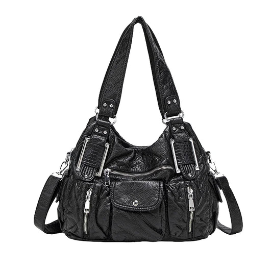 Women's Large Capacity Casual Tote Shoulder Bag Y2K Hot Girl Distressed Design Vegan Leather Zipper Closure Polyester Lining