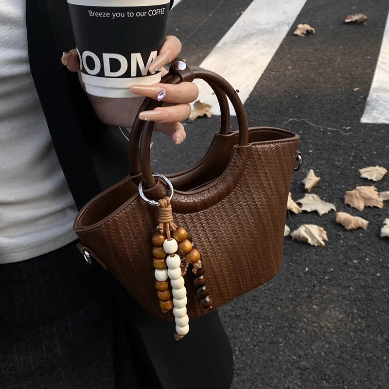 HotSale Small Satchel Bag Bead Charm Accent Vintage Hardware Detachable Strap PU Leather Date Night Elegant Handbag