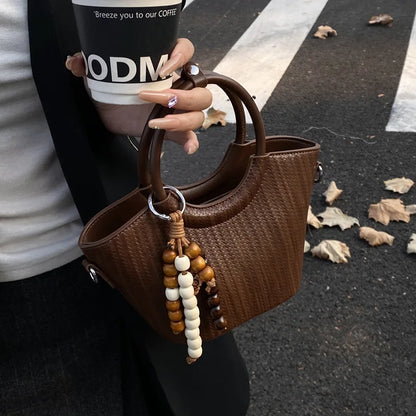 HotSale Small Satchel Bag Bead Charm Accent Vintage Hardware Detachable Strap PU Leather Date Night Elegant Handbag