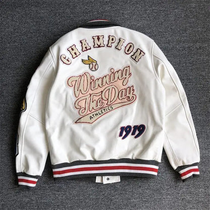 New Arrival Men's Leather Baseball Jacket Autumn & Winter Long Sleeve PU Leather Coat Embroidered Top Jacquard Trendy Sports