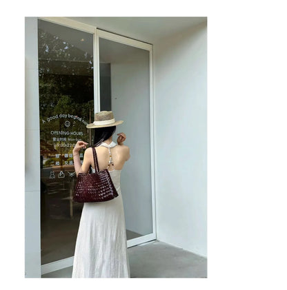 Luxury Tanned Cowhide Genuine Braided Leather Woven Shoulder Bags Large Capacity Soft Hand-woven  Women's Bags with Cotton Pouch
