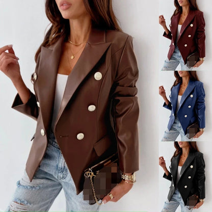 Wholesale Women Fashion PU Leather Jackets Coat Suit Europe Long Sleeve Double-breasted Button Lady Women's Clothes Jacket