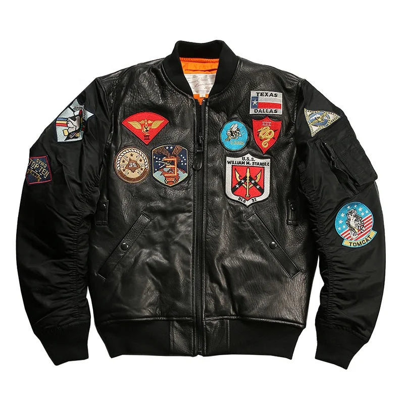 American MA-1 Baseball Cotton Padding Jacket Men's Stand-up Collar Sports Casual Plus Size Embroidered Sheepskin Leather Jackets