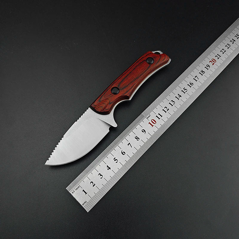 BM 15017 Small Straight Blade Full Handle 2.56 Inch Wooden Handle EDC Hunting Knife Wilderness Survival Tool Leather Scabbard