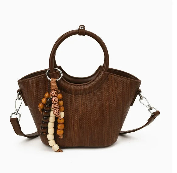 HotSale Small Satchel Bag Bead Charm Accent Vintage Hardware Detachable Strap PU Leather Date Night Elegant Handbag
