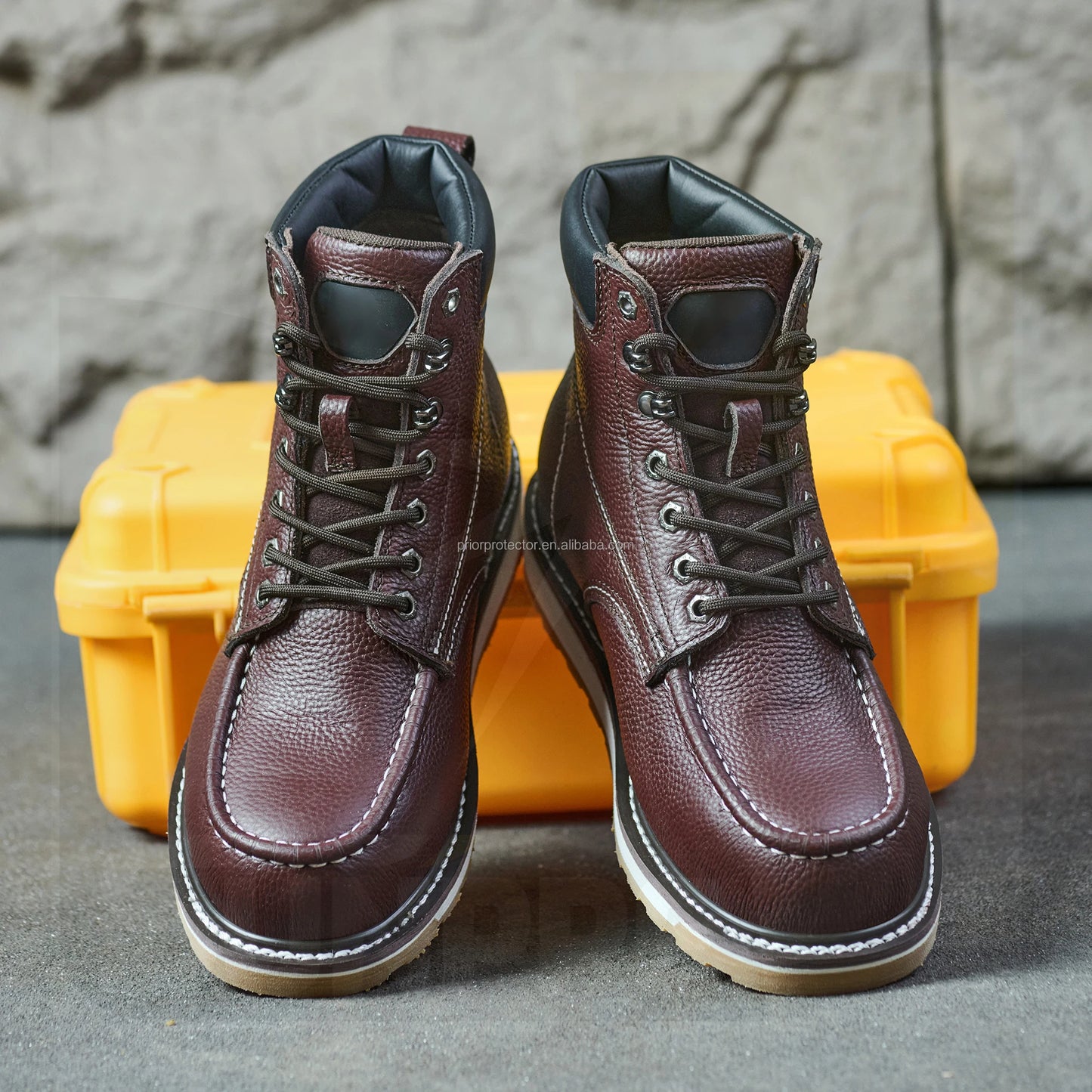 Red-Brown Top Layer Litchi Patterned Leather EN20345 S3 Half Knee Cowboy Good Welt Year Shoes Safety Boots