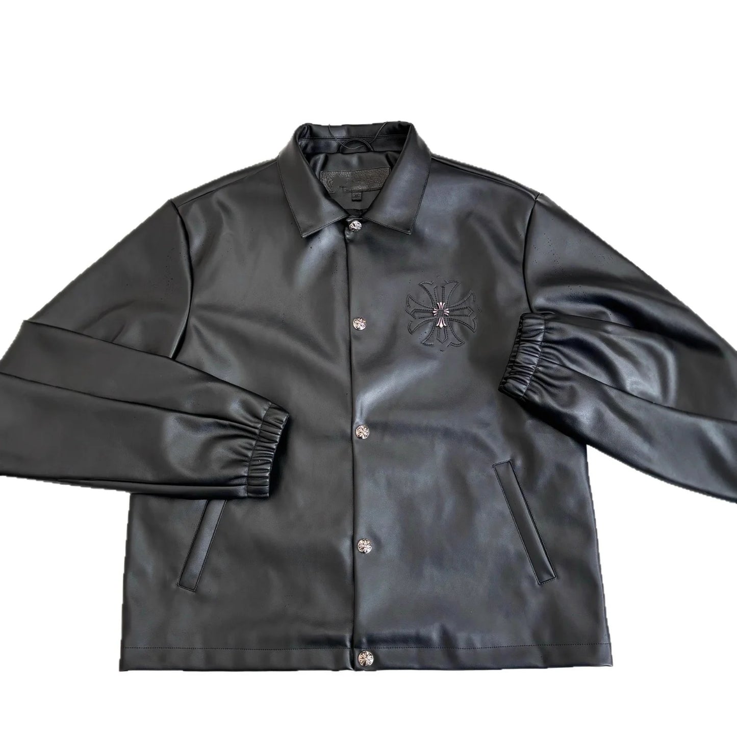 CHHearts 25 New Model Loose Autumn Cross-Collar Synthetic Leather Jacket with Snap Buttons Unisex Casual