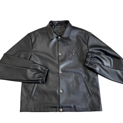 CHHearts 25 New Model Loose Autumn Cross-Collar Synthetic Leather Jacket with Snap Buttons Unisex Casual