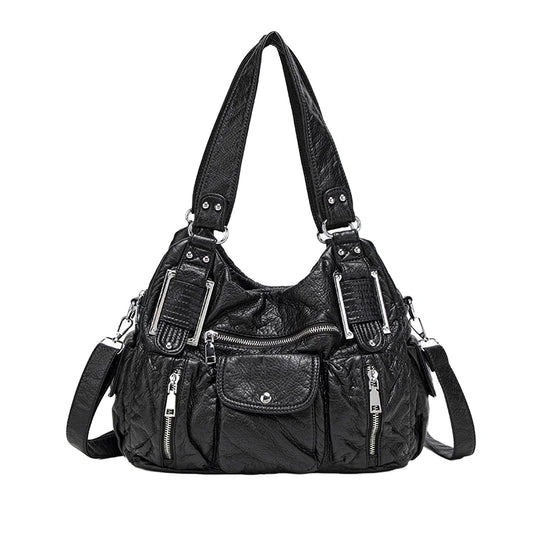 Women's Large Capacity Casual Tote Shoulder Bag Y2K Hot Girl Distressed Design Vegan Leather Zipper Closure Polyester Lining