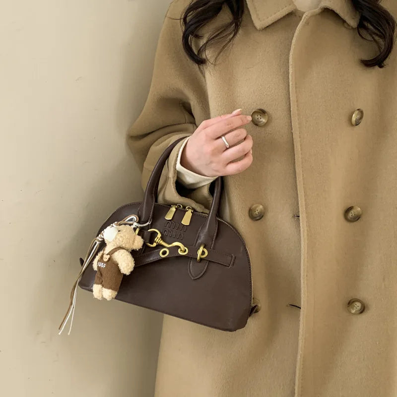 2026 New Hot Sale Dome Bag Bear Pendant Decor Metal Buckle PU Leather Winter Date Stylish Retro Handbag
