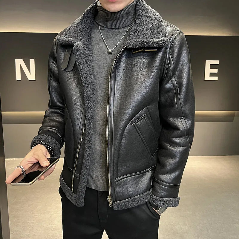 M-4XL Autumn and Winter New Wool Polo Collar Plus Plush Thickened Men's Motorcycle Leather Jacket Fur Integrated Jacket