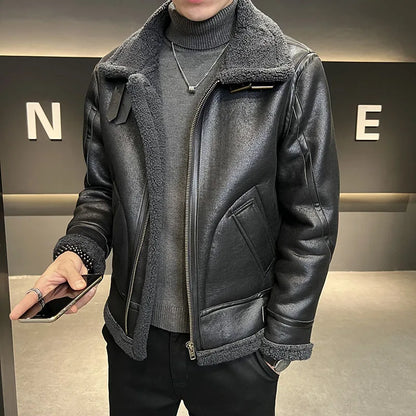 M-4XL Autumn and Winter New Wool Polo Collar Plus Plush Thickened Men's Motorcycle Leather Jacket Fur Integrated Jacket