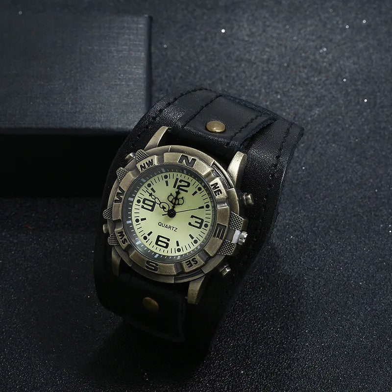 Punk Style Men's and Women's Retro Fashion 45mm Round Alloy Case Glass Dial Pointer Quartz Watch Luxury Leather Bracelet