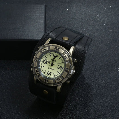 Punk Style Men's and Women's Retro Fashion 45mm Round Alloy Case Glass Dial Pointer Quartz Watch Luxury Leather Bracelet