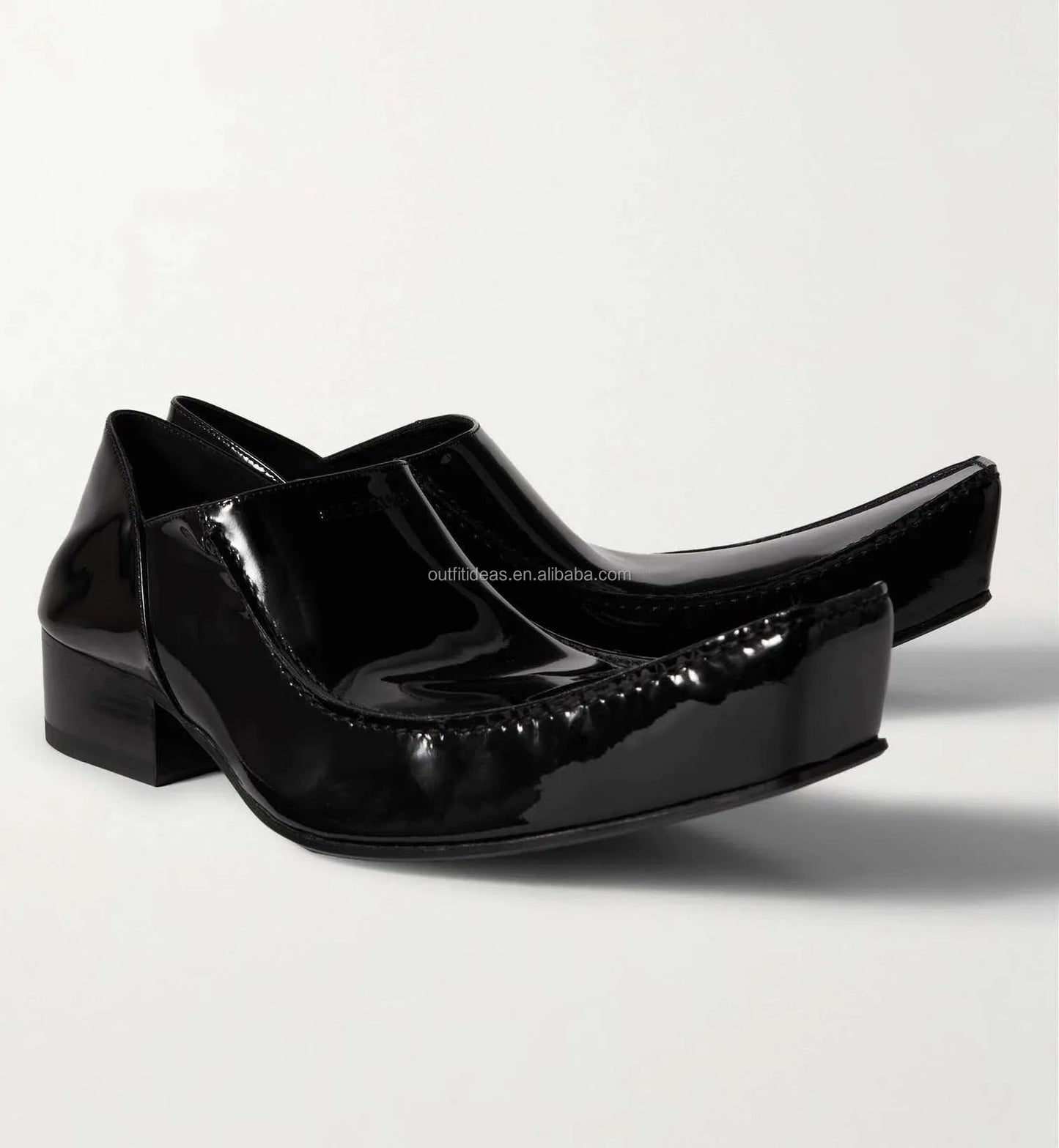 Exaggerated Elongated Square Toe Luxury Unisex Calfskin Oxfords Derby Shoe for Men Romeo Collapsible Heel Patent Leather Loafers