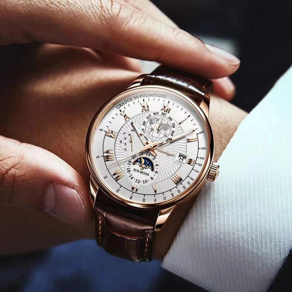 POEDAGAR Top Men's Watches Waterproof Genuine Leather Calendar Luminous Wristwatches for Sport Business Fashion Reloj Relogio