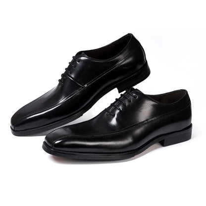 2026 High-End Handmade Men's Genuine Leather Lace-up Flat Dress Oxford Shoes Square Toe Casual Business Daily Use Wedding Spring
