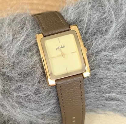 French Retro Romance Premium Touch Leather Ladies' Watch - Timeless Grey, Minimalist Square Design, Versatile for Commuting