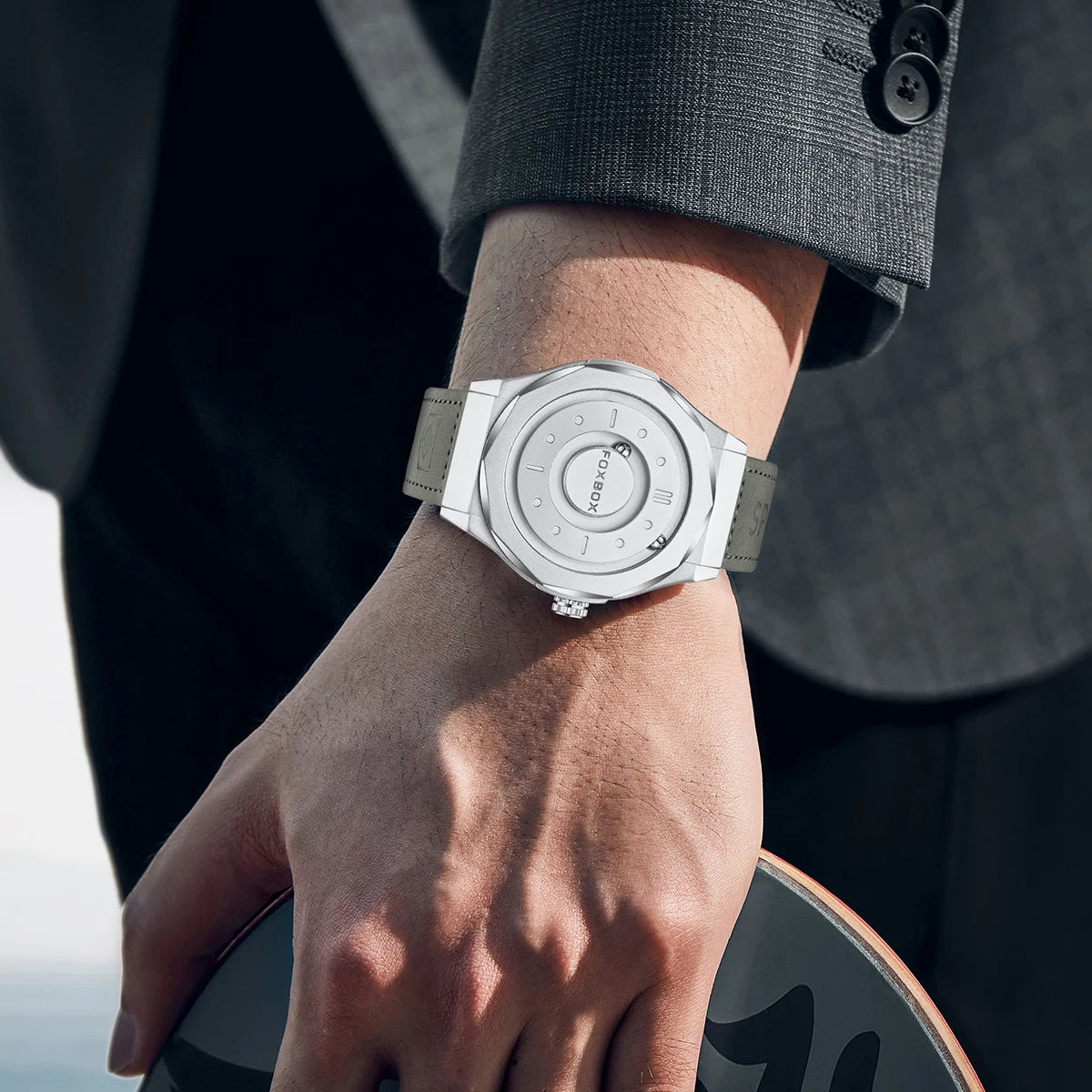 For FB0091 43mm Dial Gray Leather Men's Cartoon Simple Magnetic Levitation Watch with 3D Floating Ball Waterproof Gift Box