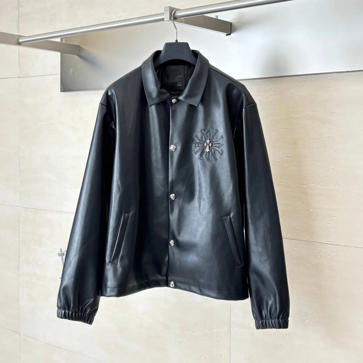 CHHearts 25 New Model Loose Autumn Cross-Collar Synthetic Leather Jacket with Snap Buttons Unisex Casual