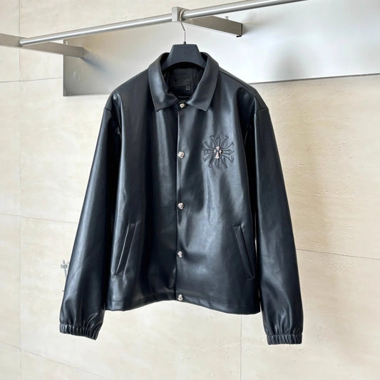 CHHearts 25 New Model Loose Autumn Cross-Collar Synthetic Leather Jacket with Snap Buttons Unisex Casual