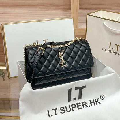 High-End Genuine Leather Women's Crossbody Bag 2025 New Style Quilted Chain Zip Fashionable All-Match Small Square Polyester