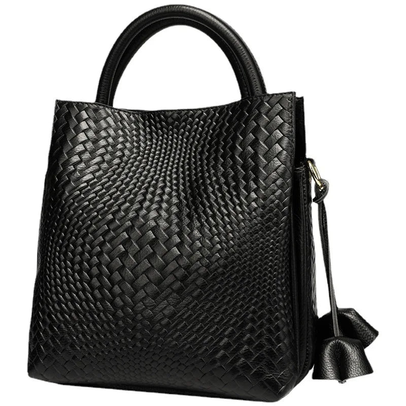 New Woven Texture Genuine Leather Handbag, Large Capacity Elegant Women's Shoulder & Top Handle Bag