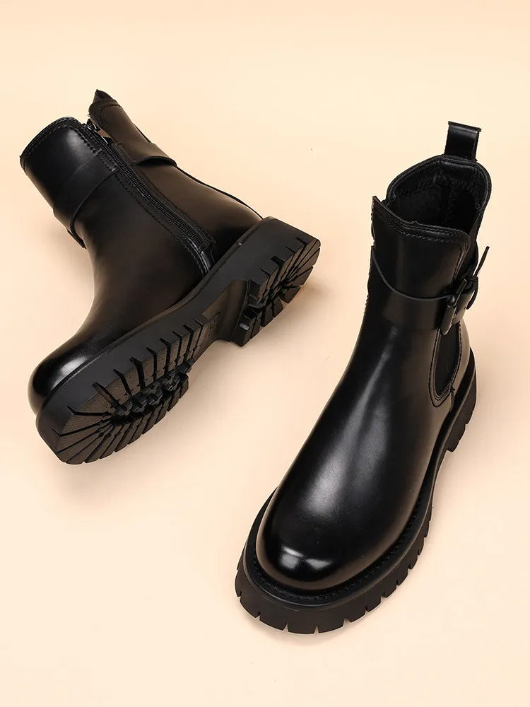 Men's New 2026 Leather Pointed Casual Black Raised Thick Soled Motorcycle Short Boots Men's Shoes