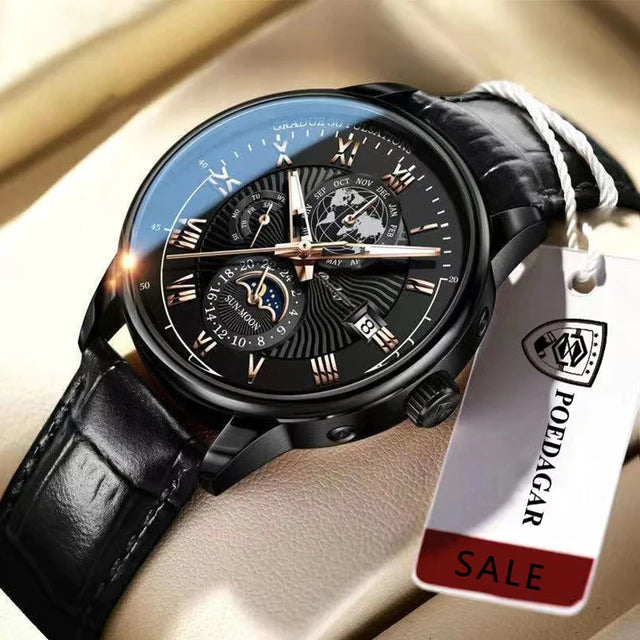 POEDAGAR Top Men's Watches Waterproof Genuine Leather Calendar Luminous Wristwatches for Sport Business Fashion Reloj Relogio