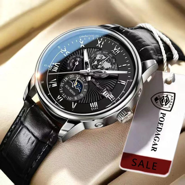 POEDAGAR Top Men's Watches Waterproof Genuine Leather Calendar Luminous Wristwatches for Sport Business Fashion Reloj Relogio
