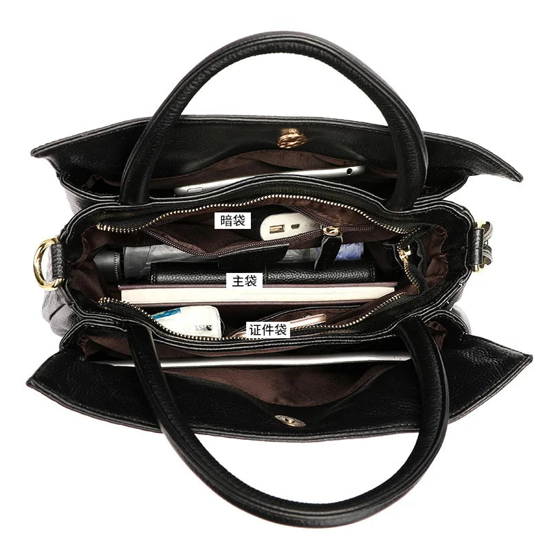 New Woven Texture Genuine Leather Handbag, Large Capacity Elegant Women's Shoulder & Top Handle Bag