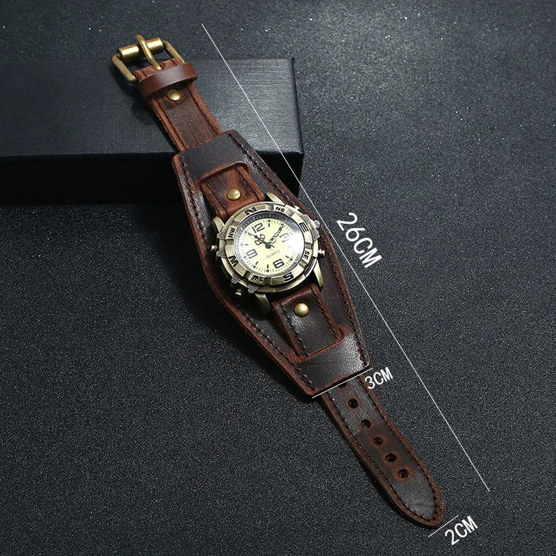 Punk Style Men's and Women's Retro Fashion 45mm Round Alloy Case Glass Dial Pointer Quartz Watch Luxury Leather Bracelet