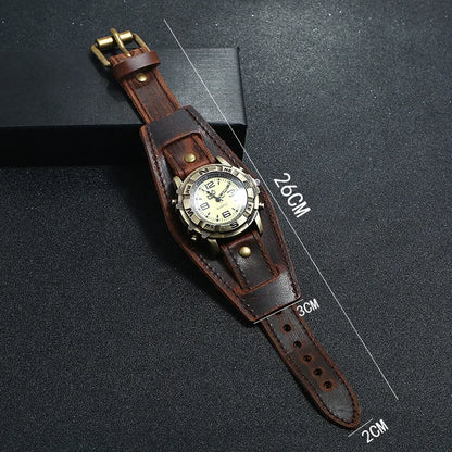 Punk Style Men's and Women's Retro Fashion 45mm Round Alloy Case Glass Dial Pointer Quartz Watch Luxury Leather Bracelet