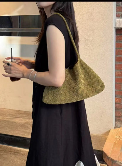 New Arrival Unique Retro Green Women's Suede Hobos Shoulder Bag Large Capacity Genuine Leather Lining Luxury Durable Button