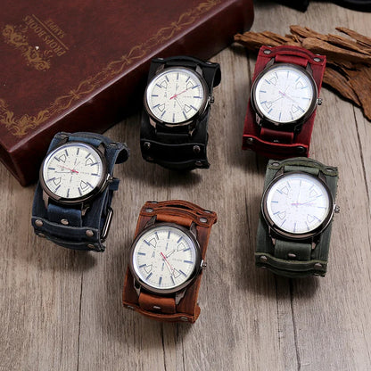 Hot Selling Popular Accessories Retro Genuine Leather Watch Band Personality Men's Punk Quartz Watch Bracelet