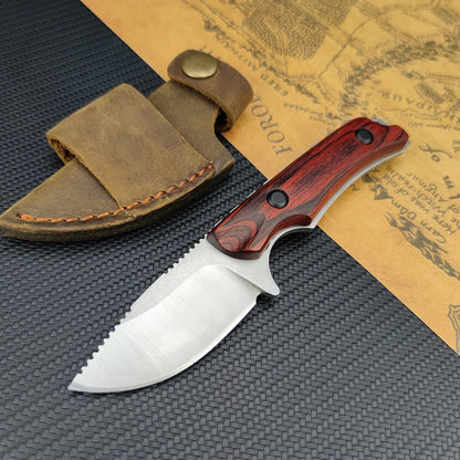 BM 15017 Small Straight Blade Full Handle 2.56 Inch Wooden Handle EDC Hunting Knife Wilderness Survival Tool Leather Scabbard