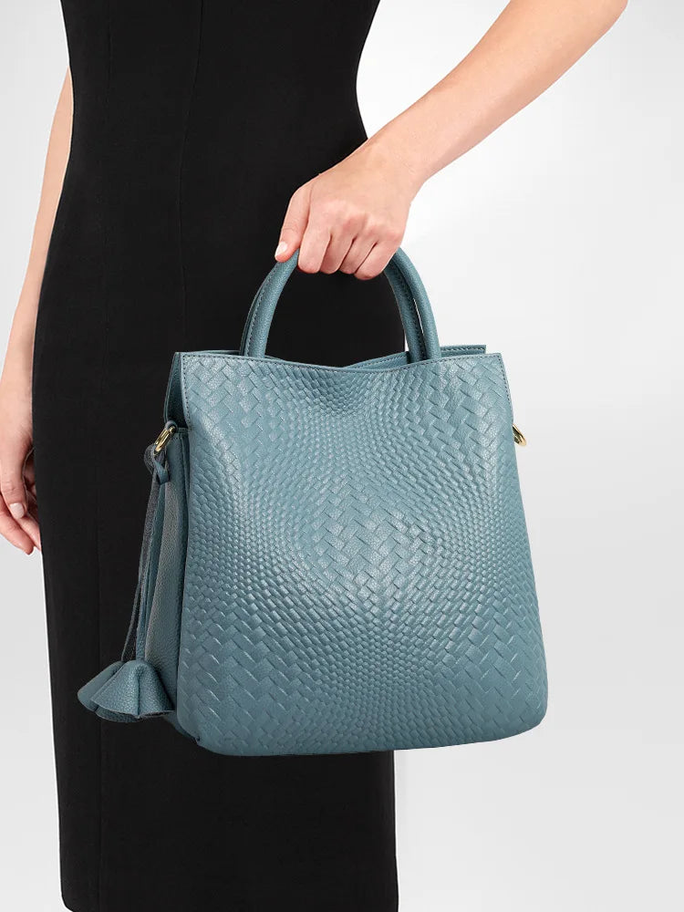 New Woven Texture Genuine Leather Handbag, Large Capacity Elegant Women's Shoulder & Top Handle Bag