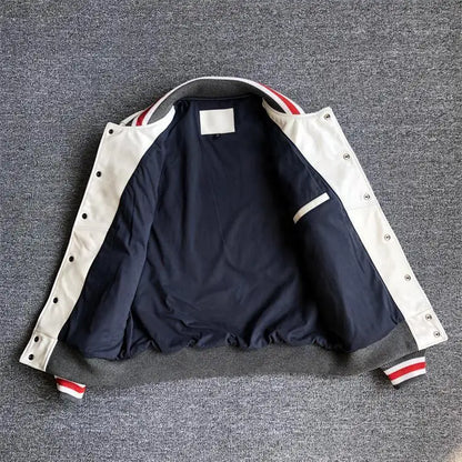 New Arrival Men's Leather Baseball Jacket Autumn & Winter Long Sleeve PU Leather Coat Embroidered Top Jacquard Trendy Sports
