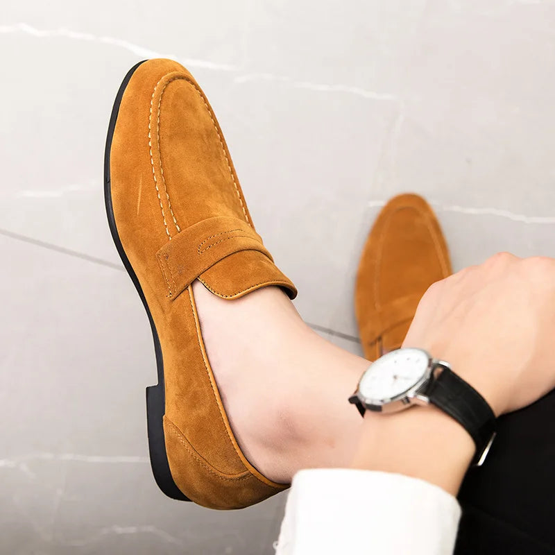 New Brown Men's Leather Dress Shoes Stylish Mocasines Loafers Slip-On Closure Mens Dress Shoes