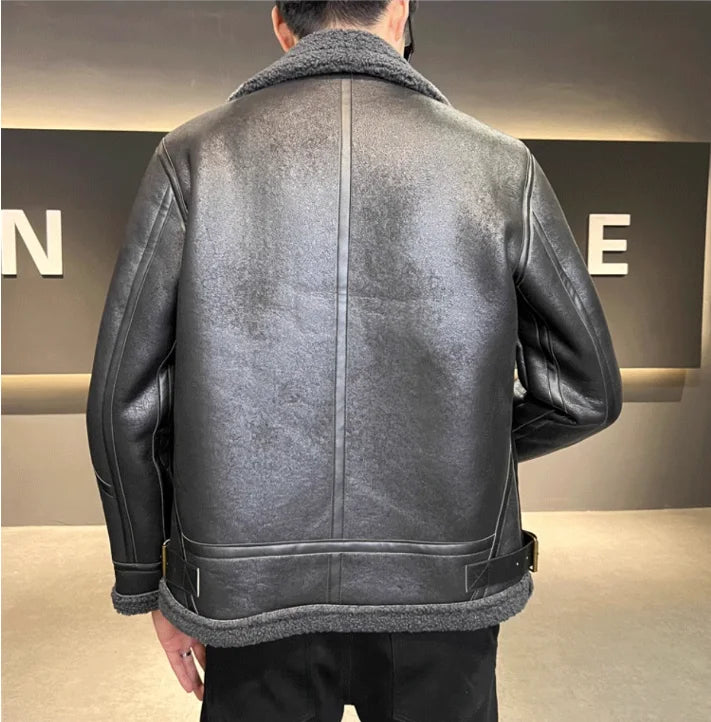 M-4XL Autumn and Winter New Wool Polo Collar Plus Plush Thickened Men's Motorcycle Leather Jacket Fur Integrated Jacket