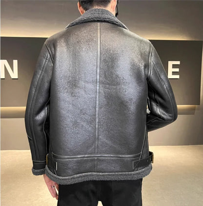 M-4XL Autumn and Winter New Wool Polo Collar Plus Plush Thickened Men's Motorcycle Leather Jacket Fur Integrated Jacket
