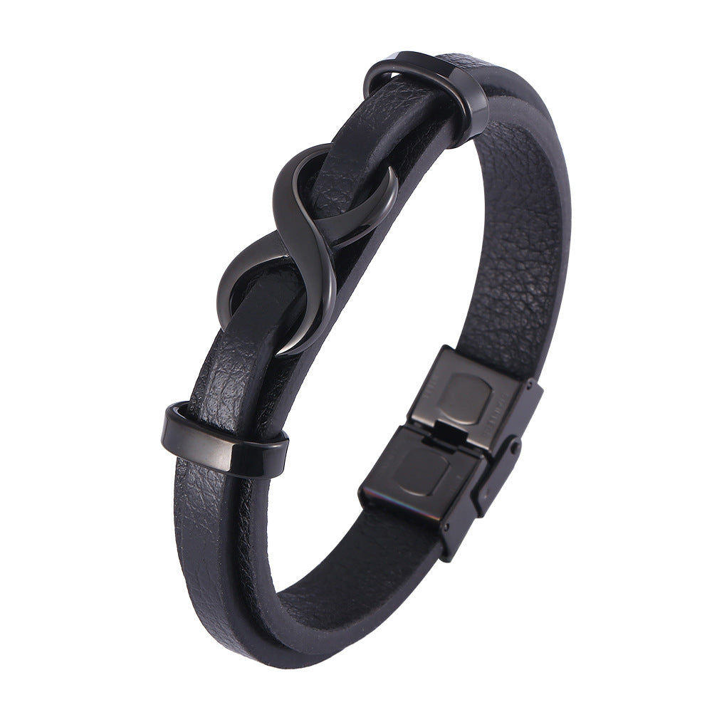 [Explosions] Cross-border punk 8-character lucky leather rope men's charm leather snap buckle leather bracelet trendy jewelry