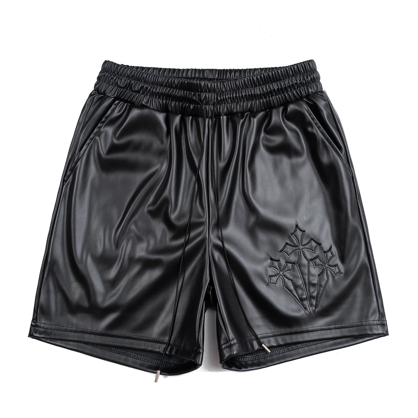 300g Eco-friendly PU Leather American Style Vintage Men's Foil Leather Embroidered Leather Shorts Loose Casual All-match Fashion Leather Pants