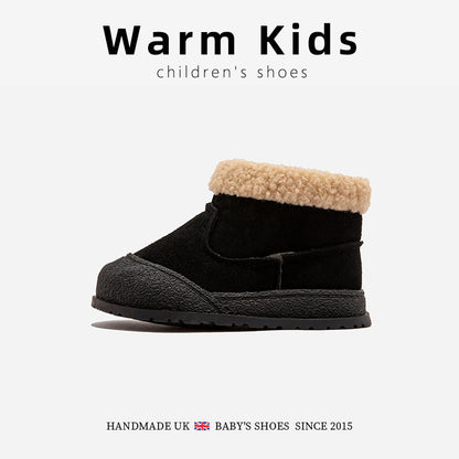 Genuine Leather Children's Cotton Boots with Fleece Lining, Winter 2025 New Style, Fashionable Korean Version for Baby Girls, Warm and Thickened Snow Boots