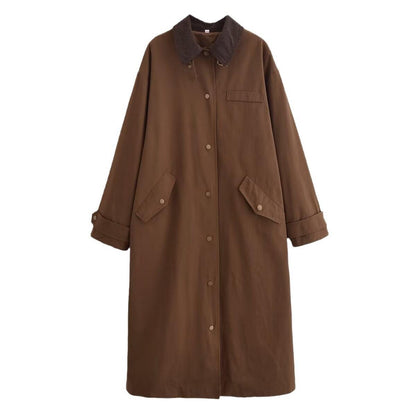 Ready Stock Women's Autumn and Winter New Style Lapel Waxing Effect Loose Casual Long Windbreaker Jacket Blended Long Sleeves