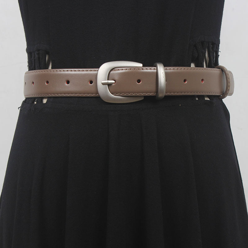 French simple all-match Belt Women's distressed silver buckle two-layer cowhide belt with mop pants jeans shorts New