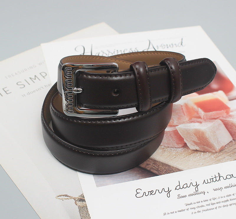 Retro belt for women Spring new silver buckle two-layer cowhide fashionable all-match pants with textured belt